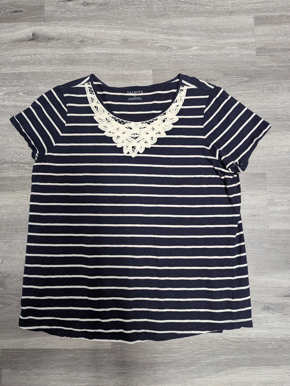 Talbots Nautical Stripe Tee Size 2X Lace Neckline Cap Sleeve